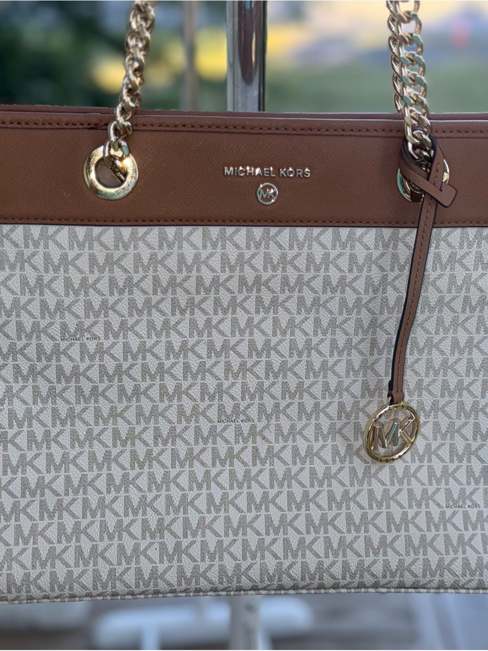 Michael Kors Beige/Light Brown Signature Logo Tote with Gold Hardware